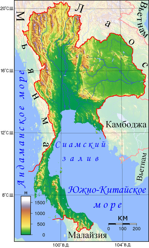 Thajsko fyzická mapa