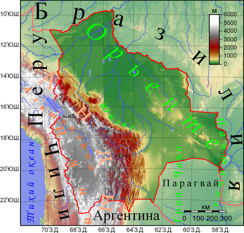Fyzická mapa Bolívie
