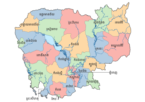 Mapa Kambodži - 25 provinc a stad