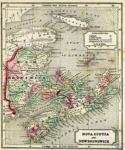 1857 Ručně barevná mapa Nové Skotska a Nového Brunsviku