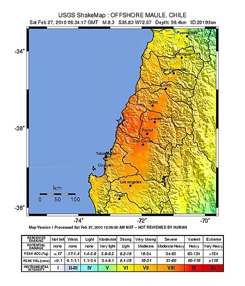 Mapa zemětřesení Chile 2010