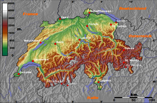 Topografická mapa Švýcarska