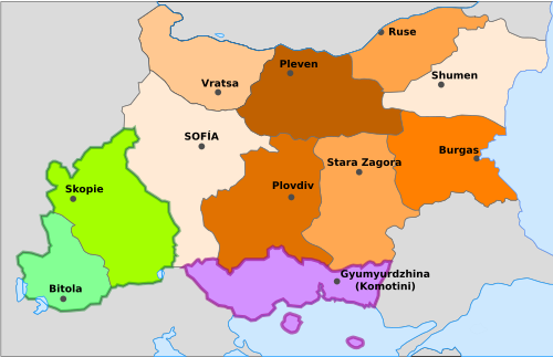 Administrativní mapa Bulharska během 2. světové války