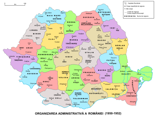 Administrativa mapa Rumunska 1950-1952