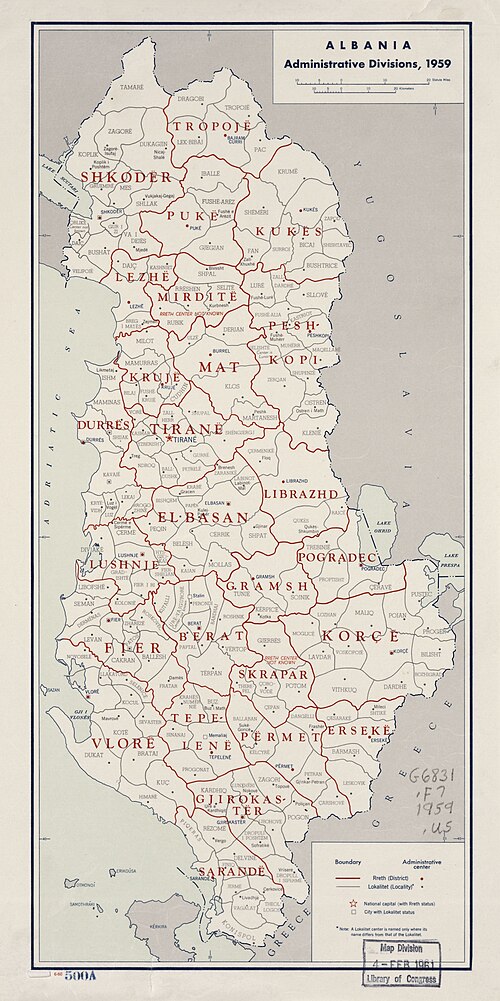 Albánie - správní dělení 1959