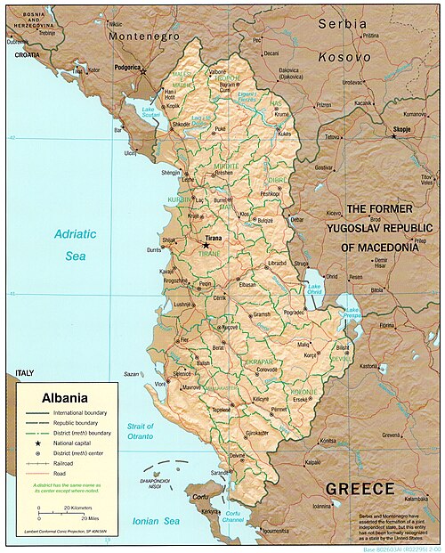 Albánie - topografická mapa