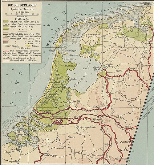 Andrého atlas 1912 - Fyzická mapa Nizozemska