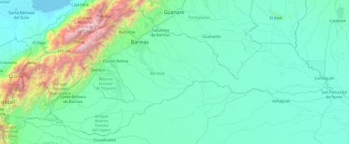 Mapa nadmořských výšek Barinas