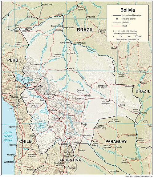 Fyzickogeografická mapa Bolívie