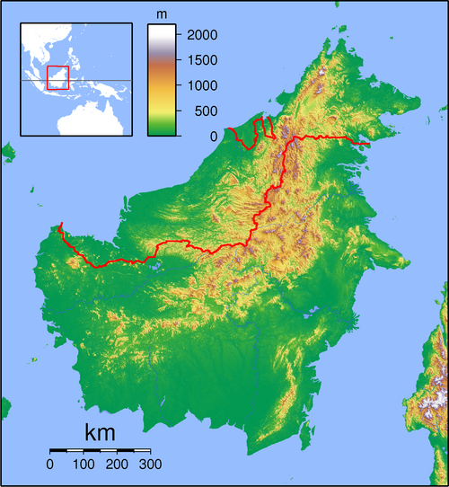 Kalimantan - topografická mapa s lokalizací