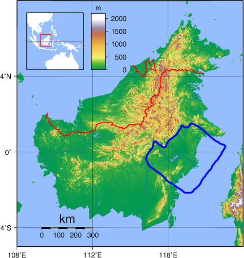 Kalimantan - topografie se zaměřením na pánev Kutai