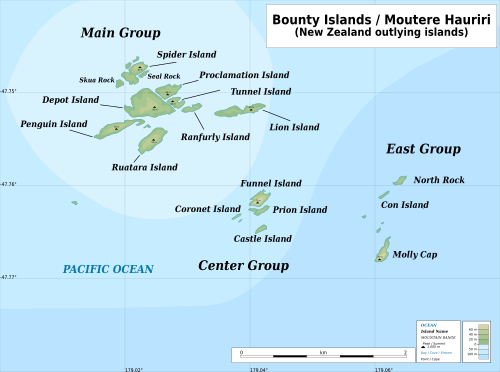 Geografická mapa Bounty Islands