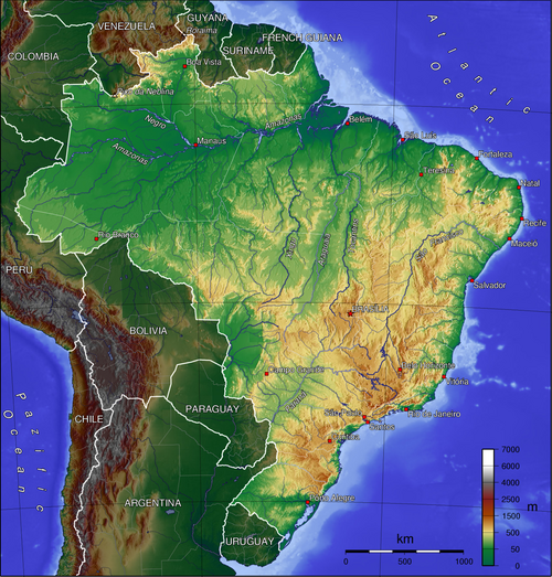 Brazílie topografická mapa en2