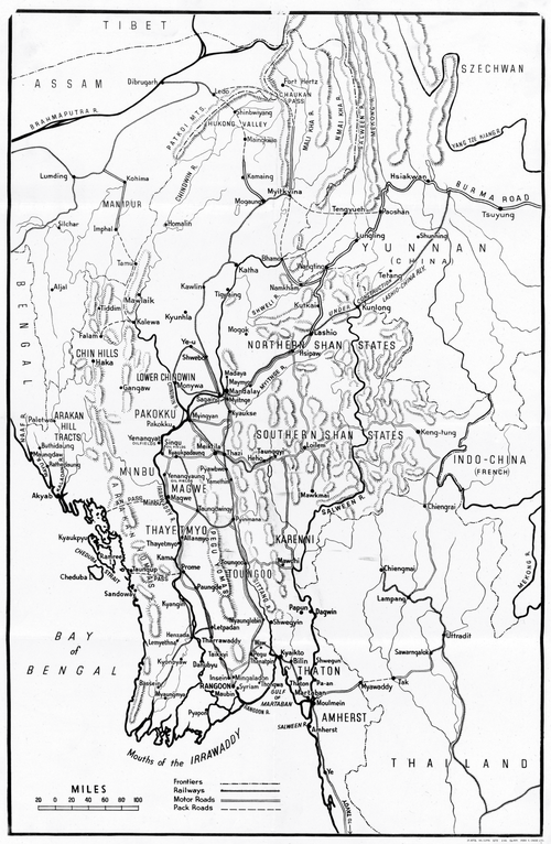 Barma - mapa hranic, železnic a silnic, 1941