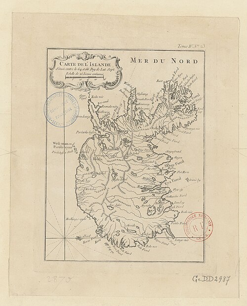 Mapa Islandu (Bellin) 64-66°N