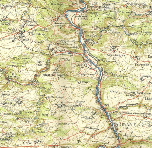 Mapa regionu Namur (města Bioul a Dinant)