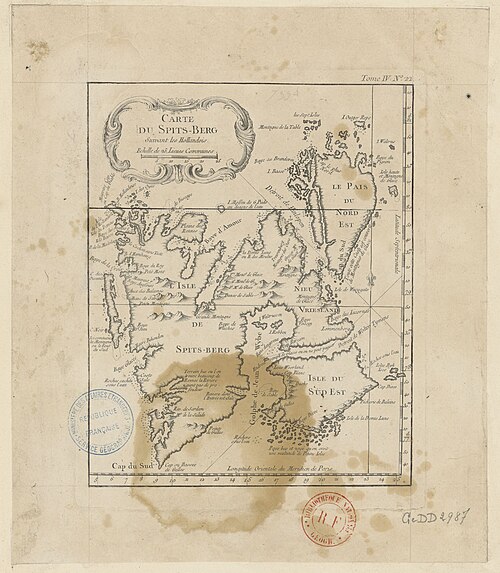 Mapa Špicbergenů podle Nizozemanů (Bellin)