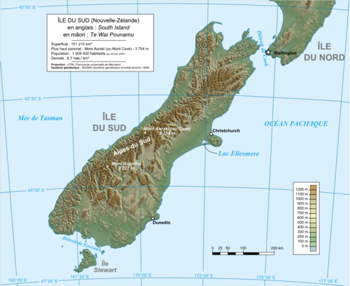 Mapa Jižního ostrova Nového Zélandu