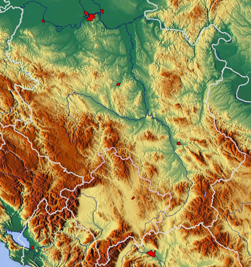 Mapa reliéfu střední Srbska