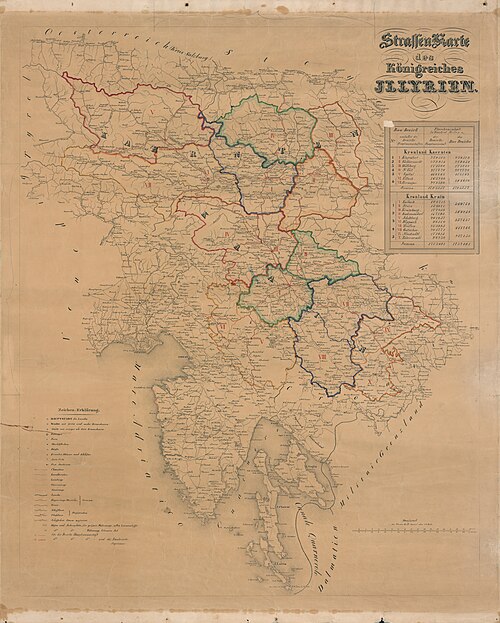 Silniční mapa Korušky a Kranjské z 1850