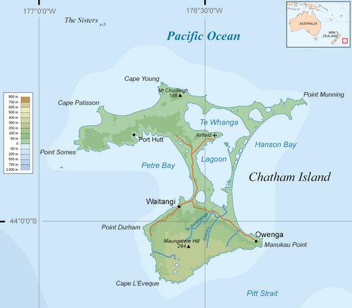 Topografická mapa ostrovů Chatham