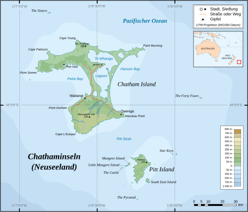 Chathamské ostrovy - topografická mapa