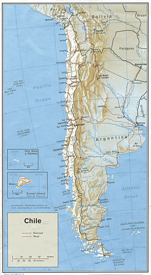 Mapa reliéfu Chile 1974