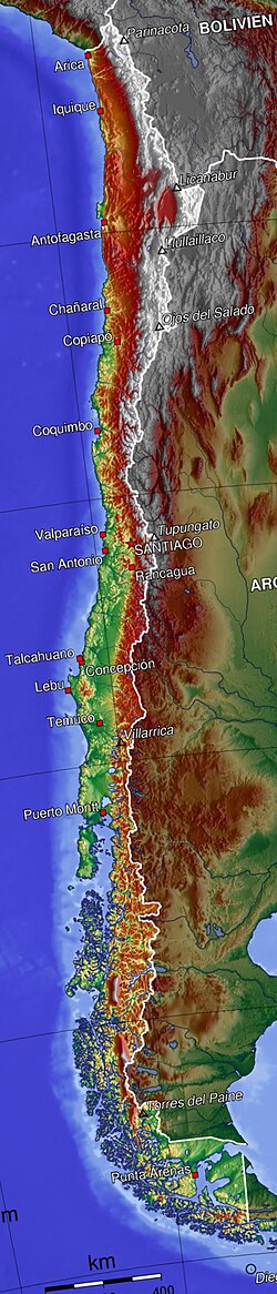 Chile úzká topografická mapa