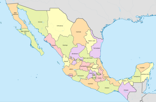 Barevná mapa Mexika - názvy