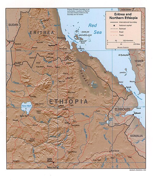 Eritrea a severní Etiopie - stínovaná reliéf mapa 1999