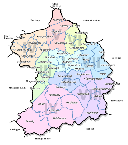 Esssen - části města, okresy a sousední města