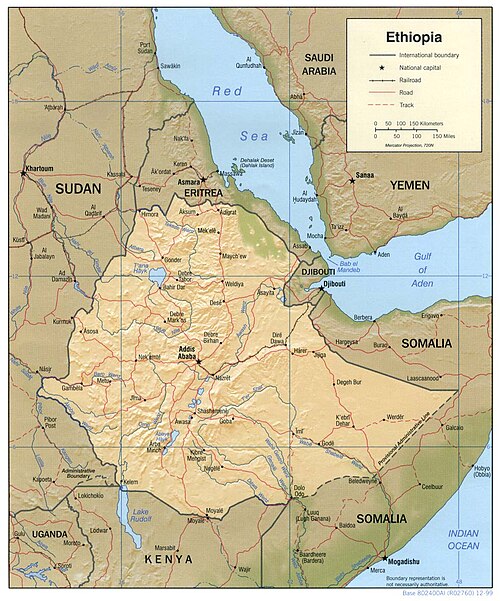 Etiopie stínovaná reliéf mapa 1999 CIA