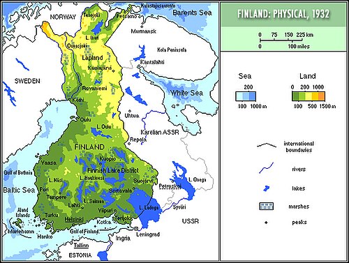 Finsko 1932 fyzická mapa