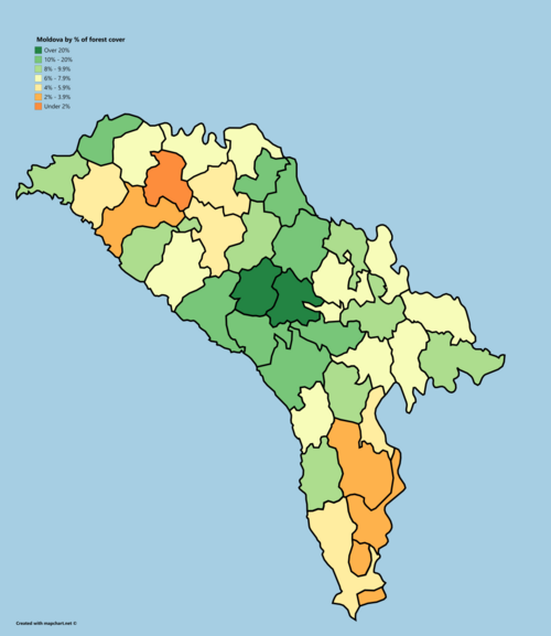 Lesní pokryv správních dílů Moldavska