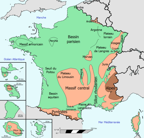 Francie - reliéfní mapa
