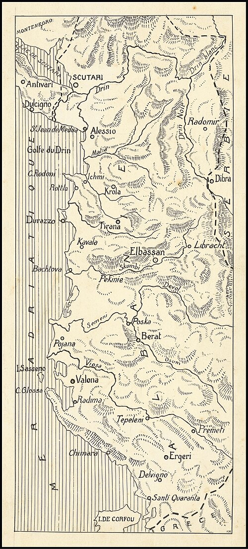 Ručně kreslená mapa Albánie během WWI