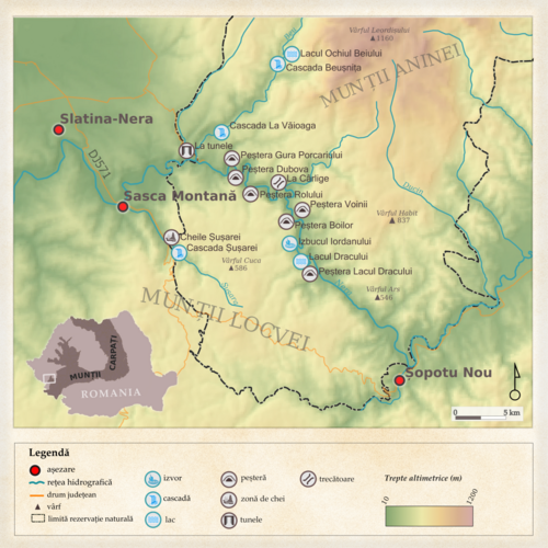 Mapa objektů oblasti Cheile Nerei