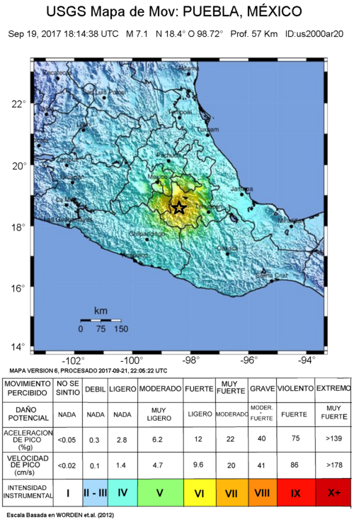 Intenzita zemětřesení v Pueble, USGS