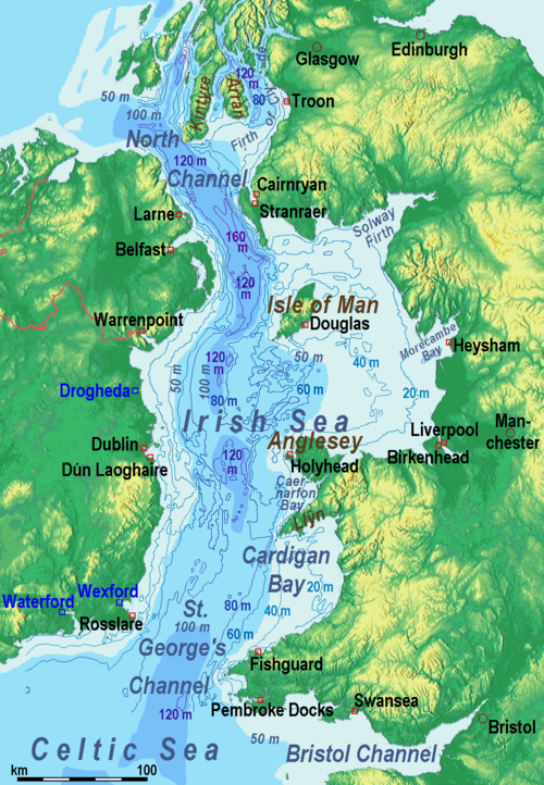 Mapa reliéfu Irského moře