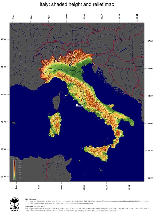 Topografická mapa Itálie
