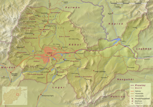Topografická mapa provincie Kábul