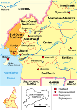 Kamerun - politická mapa - jihozápad