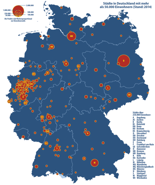 Mapa Německa - města nad 50000 obyvatel