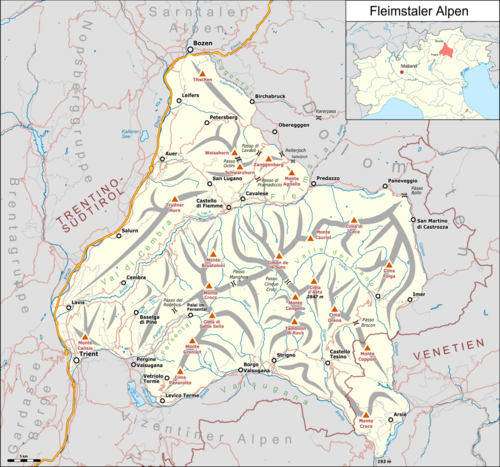 Mapa Fleimtalských Alp