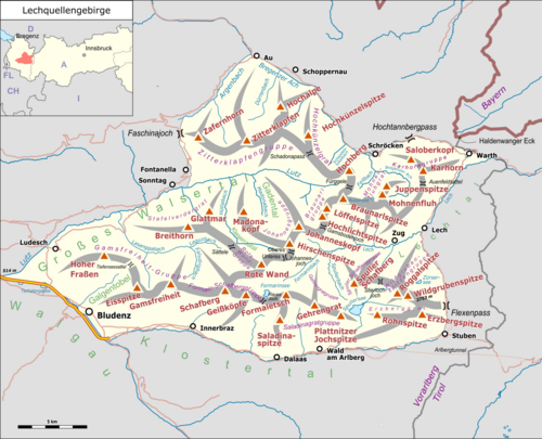 Mapa pohoří Lechquellengebirge