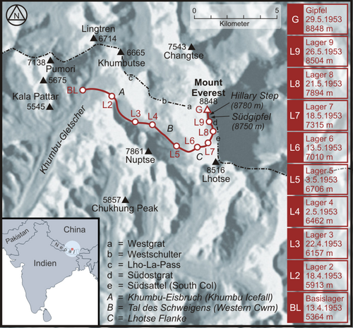 Mapa Mount Everest - Trasa Hillary a Norgay