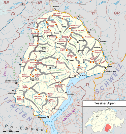 Mapa Tessinských Alp