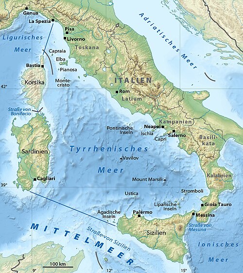 Mapa Tyrrhenského moře