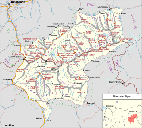 Mapa Zillertálských Alp