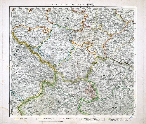 Mapa Německa, Království Nizozemí a Švýcarska - Budějovice, Pasov